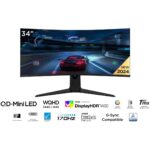 TCL 34R83Q QD Mini-LED ívelt 34" Gaming monitor, UWQHD (3440x1440), 170Hz, 1ms, AMD FreeSync™ Premium, NVIDIA G-Sync™, HDR 1600, 1400 nit, Környezeti fény, Hangszórók, USB Type-C USB, 2x HDMI, Display Port, Jack, Pivot, Fehér