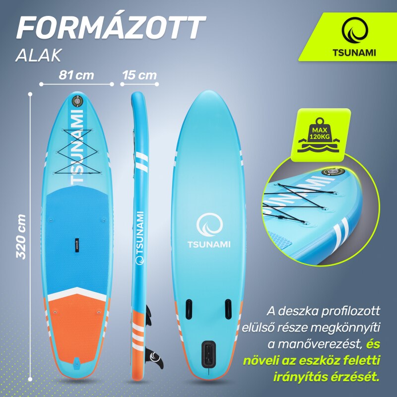 res_07130b2768a33eae670bbf744b1e7519.jpg Szett felfújható Stand Up PaddleBoard, Tsunami, T05, úszó evezővel, 320 x 81 x 15 cm, 13.5 kg, pumpával, javítókészlettel, hordtáskával, evezővel, PVC, kék/narancs - Image 1
