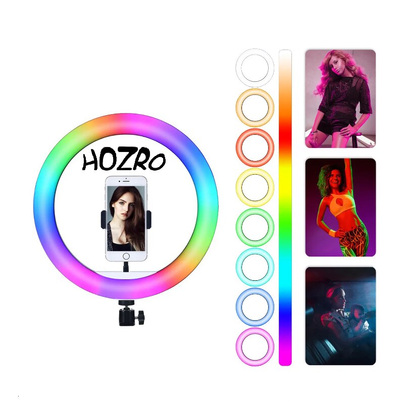 res_0ca1d1e872ac163f26c664aa4fc69d6e-3.jpg Ring Light RGB HOZRO 26cm nagy állítható állvánnyal és telefontartóval, többszínű fény szelfihez és sminkhez - Image 1