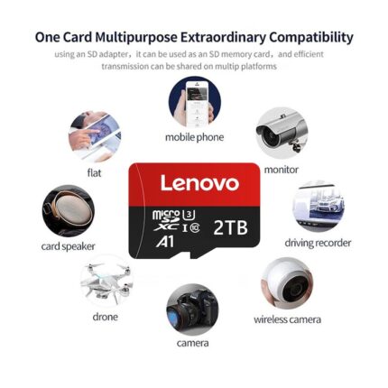 Lenovo 2TB MicroSDXC memóriakártya, UHS-I U3 A1 C10, 100 MB/s, SD adapterrel, víz- és ütésálló