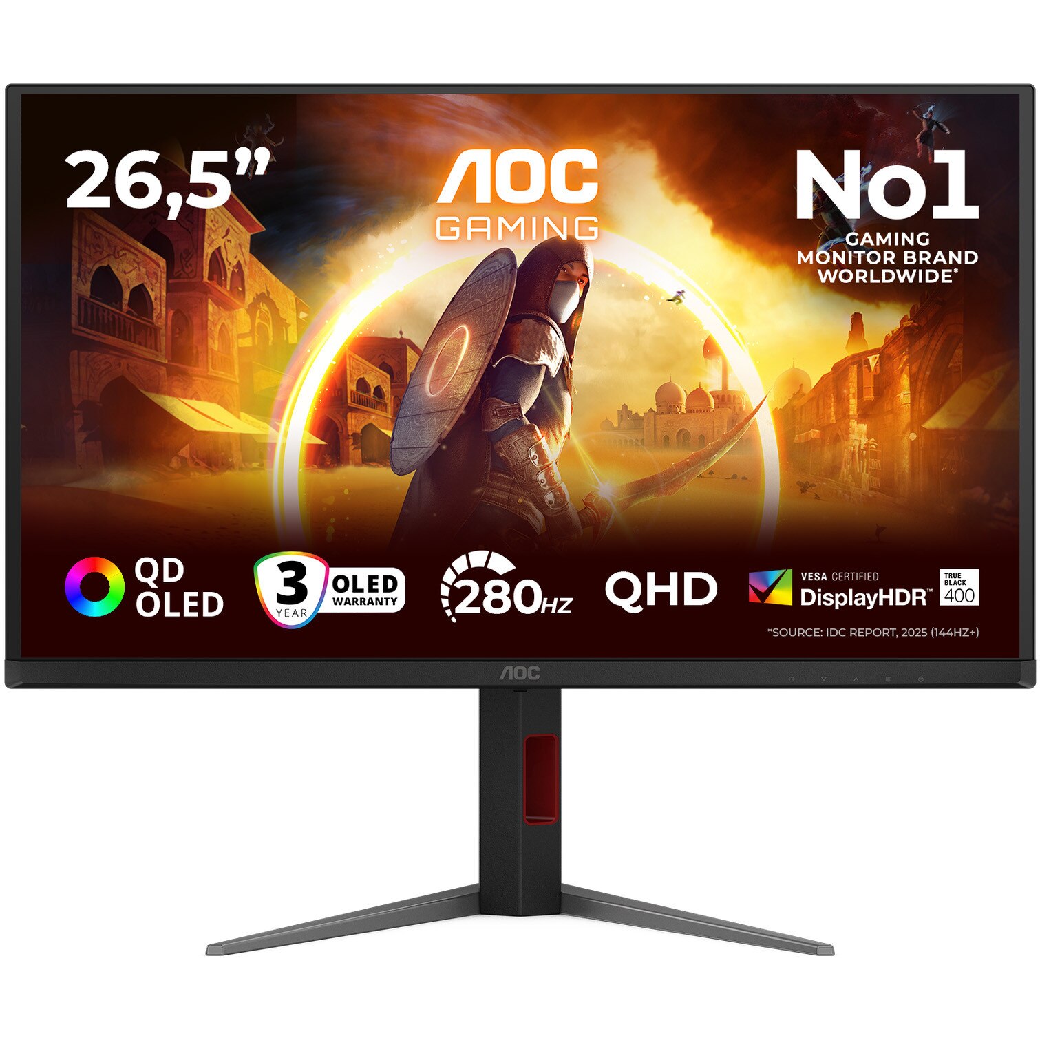 res_19779381067ca44952fc866980edc290.jpg AOC Q27G4ZD Gaming monitor, 27", QHD (2560x1440), QD-OLED, 0,3 ms MPRT, 1 ms GtG, 240Hz, Adaptív szinkron, NVIDIA G-SYNC kompatibilis, villódzásmentes, VESA tanúsítvánnyal rendelkező DisplayHDR™ 400, 2x2 W hangszóró, HDMI, DisplayPort, Pivot, Fekete - Image 1