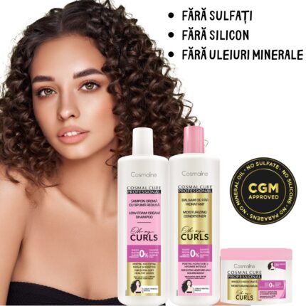 Professzionális szett göndör hajra - Cosmaline, Low Foam sampon 500 ml, balzsam 500 ml, maszk 500 ml, hidratálás, göndörítés