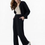 Női bő viszkóz és len nadrág, Comfort Fit, 2 elülső zseb, gumírozott derék, Volcano R-Nette, fekete, Fekete