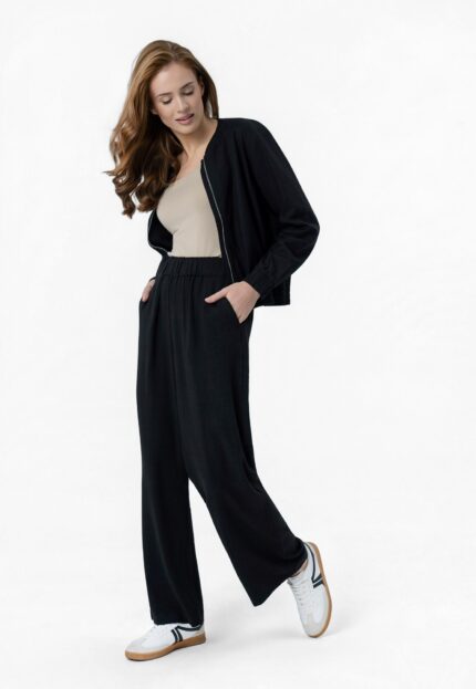 Női bő viszkóz és len nadrág, Comfort Fit, 2 elülső zseb, gumírozott derék, Volcano R-Nette, fekete, Fekete