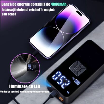 Hordozható gumiabroncs-légkompresszor, golyós, ABS, intelligens beállítások, vezeték nélküli, 35L/perc, külső akkumulátor funkció, C típusú, LED kijelző, 4000 mAh akkumulátor, 150PSI, 2 világítási mód, motorkerékpárhoz, autóhoz, fekete