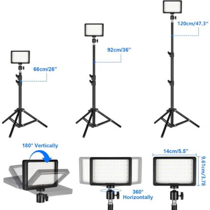 2 db-os hordozható stúdiólámpa készlet, Mosmaoo, 6500K, 10W, 180°-os elforgatás, USB-C, állítható 120 cm-es állványok, 10 fokozatú beállítás, 9 szín, 18 színchip, vezetékes vezérlőkapcsoló, 14 x 9.61cm, fotózáshoz / videózáshoz / sminkeléshez, fekete