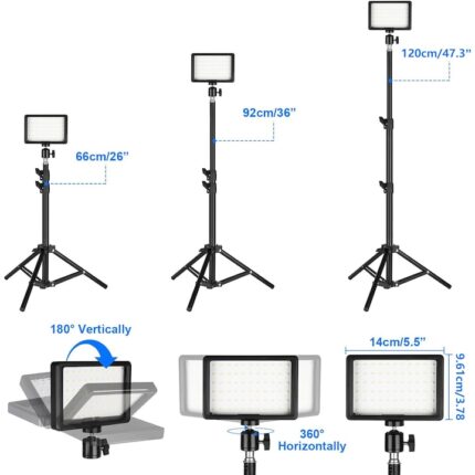 2 db-os hordozható stúdiólámpa készlet, Mosmaoo, 6500K, 10W, 180°-os elforgatás, USB-C, állítható 120 cm-es állványok, 10 fokozatú beállítás, 9 szín, 18 színchip, vezetékes vezérlőkapcsoló, 14 x 9.61cm, fotózáshoz / videózáshoz / sminkeléshez, fekete