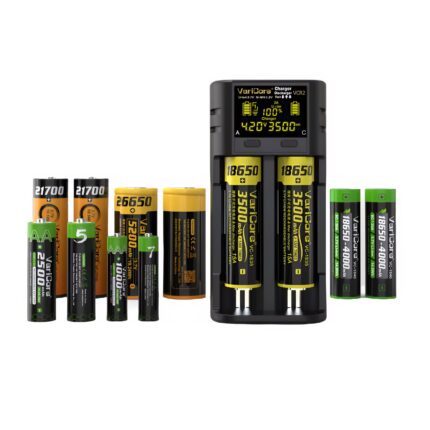 VariCore VCR2 töltő, 2 független slot, USB 5V 2A, méretek 110x60x30mm