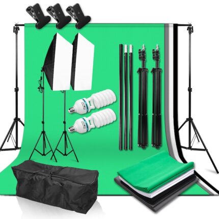 AbestStudio fotóstúdió készlet, 2 x Softbox, 4 x többszínű háttér, 2 x 135W 5500K izzó, 3 x bilincs, hordozó táska