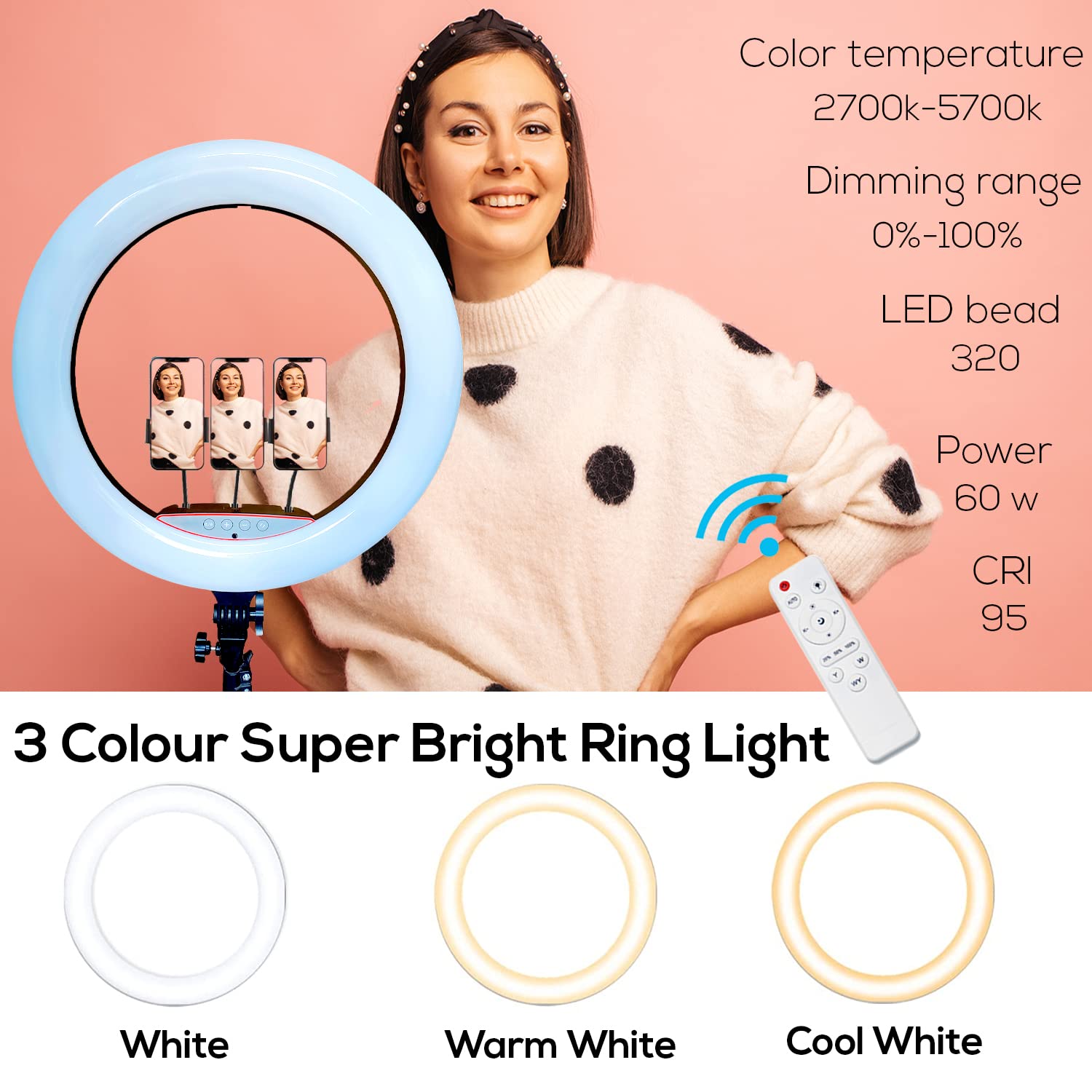 res_38899ae633a24431f085424438a6fcbf-2.jpg Ring Light LED 56cm/22inch, 3 fénymód, 10 beállítási fokozat, 3 telefontartó, szelfi távirányító, 210cm-es állvány tartalmazza - Image 1