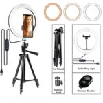 Professzionális prémium teleszkópos fotóállvány, telefonhoz/fényképezőgéphez, 360°-os forgatás, 5 magassági beállítás, Ring Light lámpával, 10 hüvelykes LED, USB csatlakozás, 3 fénymód, 10 fokozatú beállítás, telefon tartó állványhoz, alumínium, fekete - Image 10