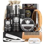 9 darabos szakállápoló készlet, Férfi szakáll- és bajuszápoló készlet, 30 ml olaj, 30 ml balzsam, 30 g viasz, fém olló, kefe és fésű, bio összetevők, Fekete