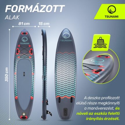 Szett felfújható Stand Up PaddleBoard, Tsunami, T03, úszó evezővel, 350 x 81 x 15 cm, 14.5 kg, pumpával, javítókészlettel, hordtáskával, evezővel, PVC, ingyenes szállítás, kék/piros
