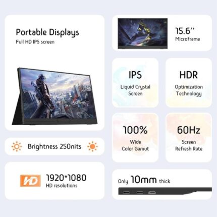 15,6 hüvelykes hordozható monitor laptophoz - FHD 1080P IPS tükröződésmentes képernyő, kettős USB-C/HDMI, beépített hangszórók, VESA furatok - Képernyőbővítő kompatibilis laptop PC telefon PS4/5 Switch-el
