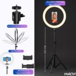 Macvi® Ring Light LED professzionális kör alakú lámpa, átmérő 45 cm (18 hüvelyk), USB-csatlakozás, 3 fénymód, szelfi távirányító és 210 cm-es állvány - Image 5