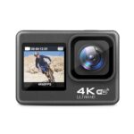 HouDeOS két képernyős akciókamera, 6-AXIS EIS Anti-Shake, akár 4K 60FPS és 20MP állóképek rögzítése, 30M vízálló, 64GB-os tárolókártyával és 2 x akkumulátorral