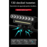 Éjszakai kerékpáros lámpa 8 LED-del, riasztóval és kürttel, vízálló, újratölthető USB, Power Bank 4000 mAh, 900 lumen, IPX4, 6 mód, ABS, 138*40*51 mm, fekete - Image 7
