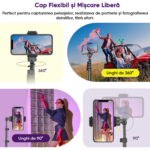 Professzionális teleszkópos fotóállvány, telefonhoz/fényképezőgéphez/GoPro-hoz, bluetooth távirányító, selfie stick funkció, állítható, Univerzális, Tartós és Könnyű, Fekete - Image 5