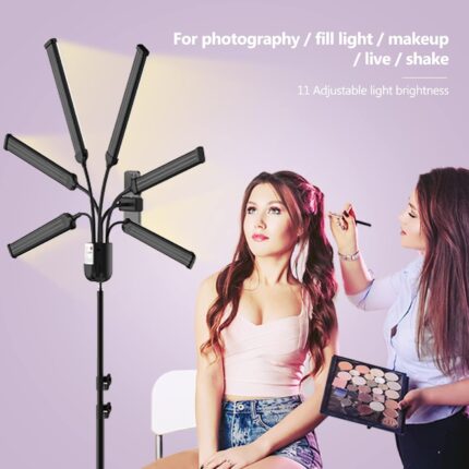 Lumină LED cu trepied, WALALLA 63 inch, 6 tuburi, 3 moduri de iluminare, 11 niveluri de intensitate, temporizator 3-18 ore, cu telecomandă, pentru fotografie/smink/közvetítések, fekete