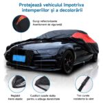 Prémium autós ponyva, Wacorresi, univerzális vízálló autós ponyvahuzat fényvisszaverő csíkokkal, biztonsági figyelmeztetés, állítható rugalmas, három szélálló pánt, könnyen tisztítható, XXL méret, fekete/piros - Image 5