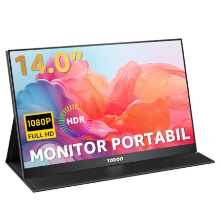 Hordozható monitor 14'', IPS panel, FHD 1920×1080, 16:9, Yodoit, képernyő monitor, Mini HDMI-HDMI kábellel, USB-C-USB-C, USB-C-USB-A kábellel felszerelve