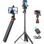 Professzionális teleszkópos fotóállvány telefonhoz/fényképezőgéphez/GoPro-hoz, bluetooth távirányító, selfie stick funkció, állítható, univerzális, tartós és könnyű, fekete/narancs - Image 7