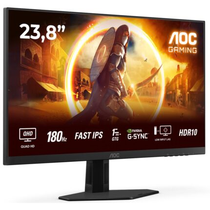 AOC Q24G4RE Gaming monitor, 23,8", QHD (2560x1440), gyors IPS, WLED, 180Hz, 0,5 ms MPRT, 1 ms GtG, adaptív szinkron, NVIDIA G-SYNC kompatibilis, HDR 10, villódzásmentes, alacsony kékfény-kibocsátású, HDMI, DisplayPort, Fekete