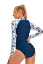 Efayn Egyrészes fürdőruha, hosszú ujjú, cipzárral zárható, oldalán és ujján virágmintás, 2XL méret, kék - Image 3