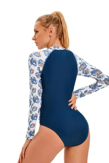 Efayn Egyrészes fürdőruha, hosszú ujjú, cipzárral zárható, oldalán és ujján virágmintás, 2XL méret, kék