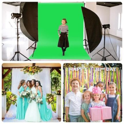 Kit studio foto video világítás professzionális, 2 softbox-szal, 2 fotóernyővel, 2 db 150W 5500K fénycsővel és 2 db 120W-os LED izzóval távirányítóval, zöld chroma key háttér, háttértartó, vászoncsipeszek, táska