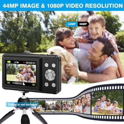 Lynker kompakt fényképezőgép, HD 1080P, 44MP, 16x digitális zoom, fekete, 2 akkumulátorral és 32 GB-os memóriakártyával