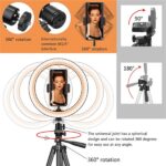Professzionális prémium teleszkópos fotóállvány, telefonhoz/fényképezőgéphez, 360°-os forgatás, 5 magassági beállítás, Ring Light lámpával, 10 hüvelykes LED, USB csatlakozás, 3 fénymód, 10 fokozatú beállítás, telefon tartó állványhoz, alumínium, fekete - Image 7