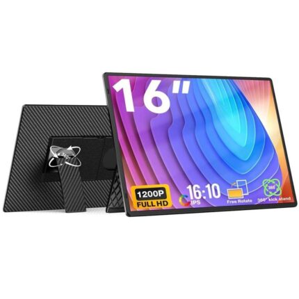 Sim Online Hordozható monitor laptophoz, 16" FHD 1200P, ultravékony, plug & play, kompatibilis PC, konzol, Windows, Mac, telefon, 16:10 kijelző, multitasking, 360° használat, álló és fekvő módok, hangszóró, USB-C és HDMI, védőtáska, fekete