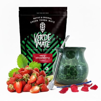 Yerba Mate Tea Készlet, Verde Mate Strawberry Levegőn Szárított, Füstmentes, Enyhe Ízű, 500g, Kerámia Bögre Zöld, 375 ml, Bombilla