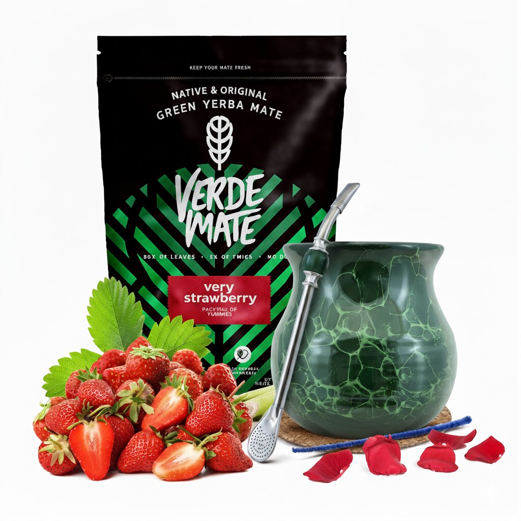 res_c18effd716db11797aaa91783425324d-1.jpg Yerba Mate Tea Készlet, Verde Mate Strawberry Levegőn Szárított, Füstmentes, Enyhe Ízű, 500g, Kerámia Bögre Zöld, 375 ml, Bombilla - Image 1