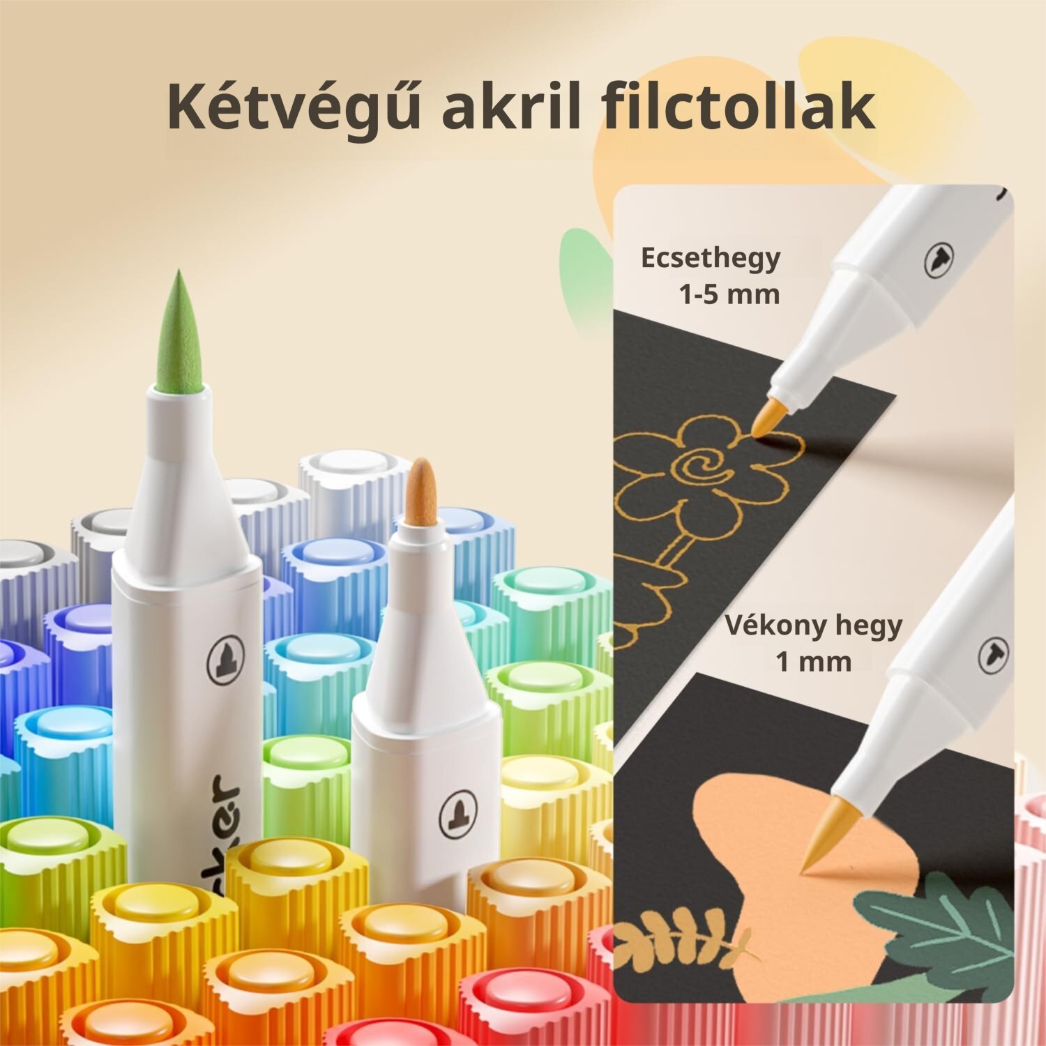 res_c3fa9eedaa995241590371554fa4fb45.jpg ENMY 60 db-os kétvégű akrilfesték-jelölők, prémium markerek papírra, fára, vászonra, kőre, ruhafestésre, üvegre, kerámia felületekre, finom hegyű, tartós, gyerekeknek és felnőtteknek - Image 1