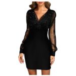 Szexi vékony V-nyakú ruha, V-nyakú, 92 cm hosszú, XL-es méret, fekete