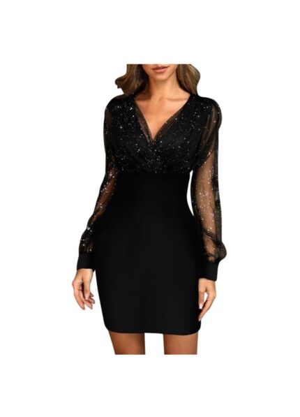 Szexi vékony V-nyakú ruha, V-nyakú, 92 cm hosszú, XL-es méret, fekete
