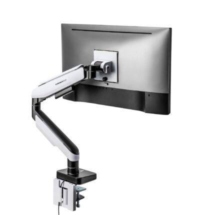 StableDesk Gaming monitor állvány 17-49” inch, RGB világítás, Állítható StableDesk kar, Akár 20 kg-ig, Kábelrendező, Standard/ívelt irodai, játék monitorhoz, Csipesz/screw rögzítéssel az asztallapra, Fehér