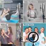 Professzionális prémium teleszkópos fotóállvány, telefonhoz/fényképezőgéphez, 360°-os forgatás, 5 magassági beállítás, Ring Light lámpával, 10 hüvelykes LED, USB csatlakozás, 3 fénymód, 10 fokozatú beállítás, telefon tartó állványhoz, alumínium, fekete