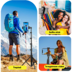 Professzionális teleszkópos fotóállvány, telefonhoz/fényképezőgéphez/GoPro-hoz, bluetooth távirányító, selfie stick funkció, állítható, Univerzális, Tartós és Könnyű, Fekete