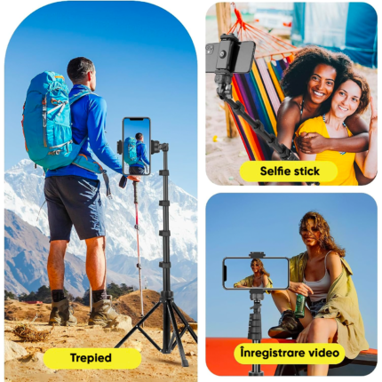 Professzionális teleszkópos fotóállvány, telefonhoz/fényképezőgéphez/GoPro-hoz, bluetooth távirányító, selfie stick funkció, állítható, Univerzális, Tartós és Könnyű, Fekete