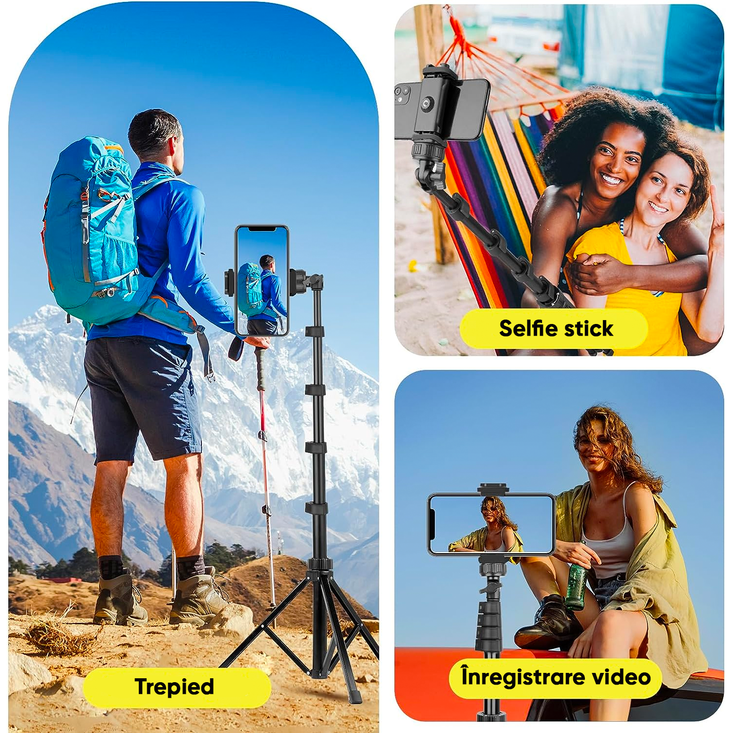 res_d81ddf09f8fd059e2304a8463e98cb9b-2.png Professzionális teleszkópos fotóállvány, telefonhoz/fényképezőgéphez/GoPro-hoz, bluetooth távirányító, selfie stick funkció, állítható, Univerzális, Tartós és Könnyű, Fekete - Image 1
