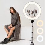 Ring Light LED 56cm/22inch, 3 fénymód, 10 beállítási fokozat, 3 telefontartó, szelfi távirányító, 210cm-es állvány tartalmazza - Image 5