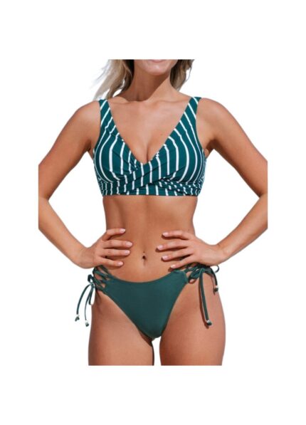 Kétrészes női fürdőruha, melltartó betétekkel, elsüllyeszthetetlen acél támasztékkal, zúzott virágokkal, poliészter/spandex szövet, zöld, XL-es méret