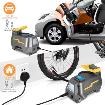 Elindor® hordozható légkompresszor LCD kijelzővel, 12V/220V tápegység, maximális nyomás 10,3 bar, 150PSI, többfunkciós funkció, LED lámpa, szürke