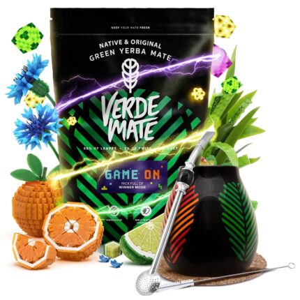 Yerba Mate Tea Készlet, Verde Mate Green Game On, Energiaital ízével, Javítja a Koncentrációt, Brazil 400g, Bögre Samba Kerámia 350 ml, Bombilla Szívószál