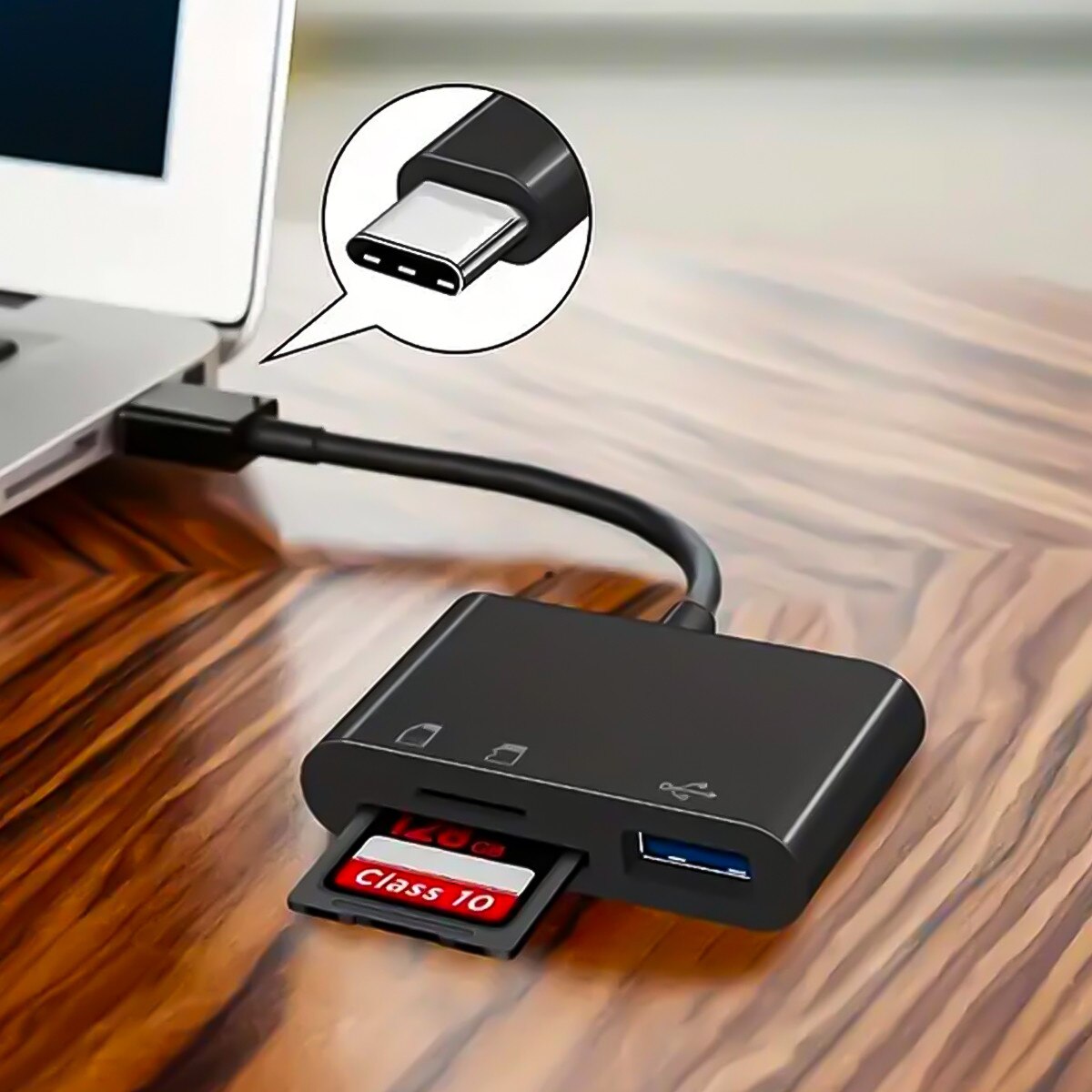res_fd52c7d5a27c654d9975b71bee4a251b-2.jpg 3 az 1-ben USB-C SD/Micro SD kártyaolvasó, USB 3.0 porttal, OTG funkció egér/billentyűzet/pendrive-hoz, gyors adatátvitel, bővített támogatás SDHC, SDXC, MicroSDHC, MicroSDXC (TF) kártyákhoz, telefonokhoz, fényképek letöltéséhez kameráról/drónról, fekete - Image 1