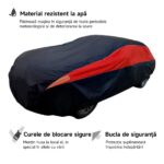 Prémium autós ponyva, Wacorresi, univerzális vízálló autós ponyvahuzat fényvisszaverő csíkokkal, biztonsági figyelmeztetés, állítható rugalmas, három szélálló pánt, könnyen tisztítható, XXL méret, fekete/piros - Image 7